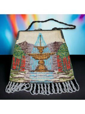 Antique Water Fountain Ornate  Micro Beaded Purse Fringe Silvertone Metal Frame